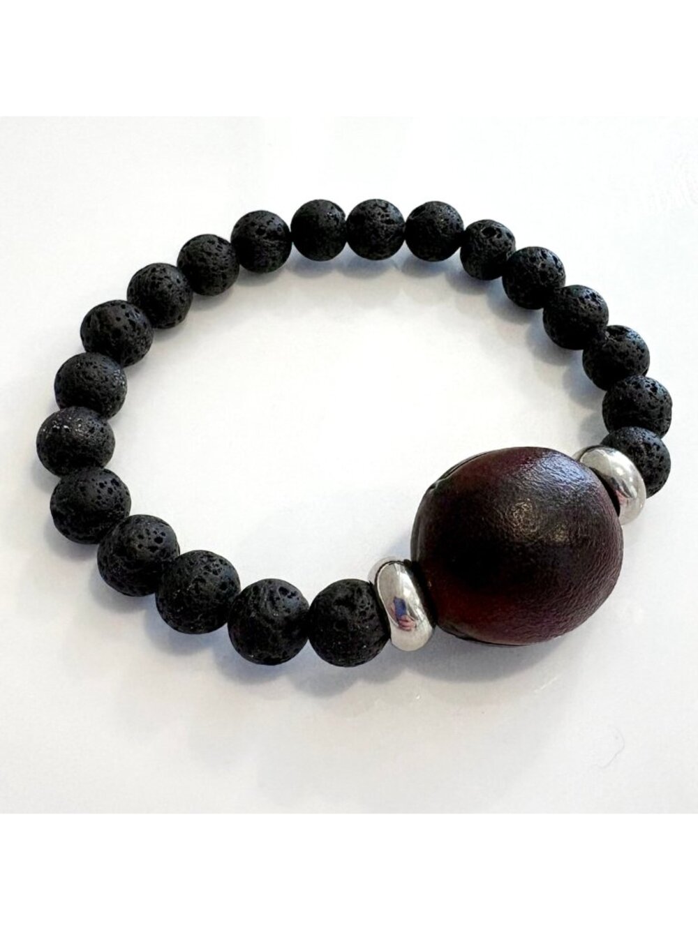 Djuku Seed Lava Stone Black Beaded Boho Stretch Bracelet With Silver Accents